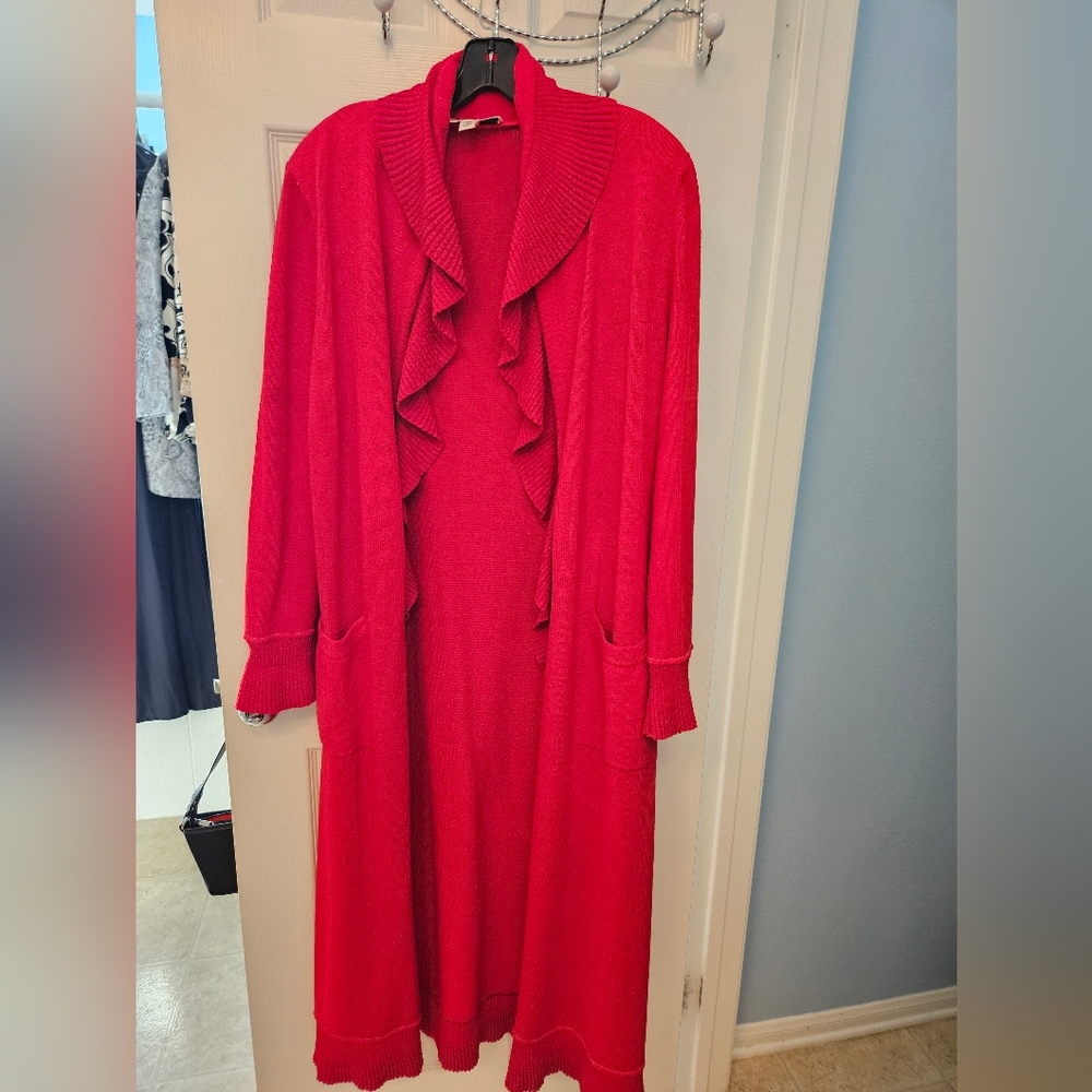 Red Long Open Cardigan with Ruffle Trim
